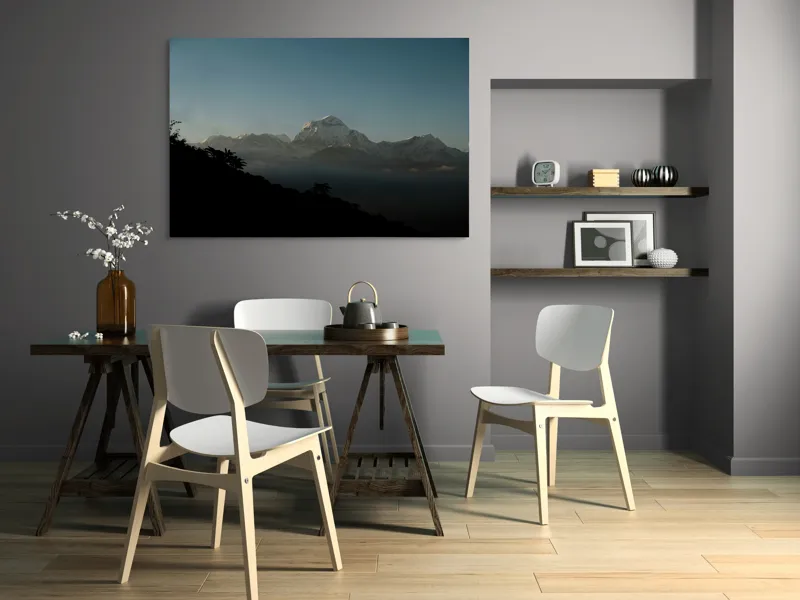 Tablou Canvas, "Lumina dimineții pe vârfuri alpine", Majestuos, Întunecat, Pitoresc, Imens, Tranquil, Rece, Impunător, Serafic, Solitar, 150 x 100 cm – poza 5