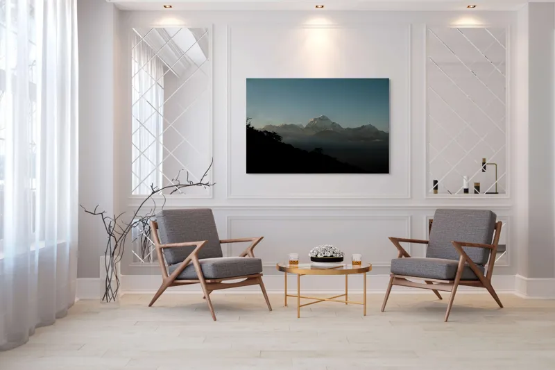 Tablou Canvas, "Lumina dimineții pe vârfuri alpine", Majestuos, Întunecat, Pitoresc, Imens, Tranquil, Rece, Impunător, Serafic, Solitar, 150 x 100 cm – poza 7