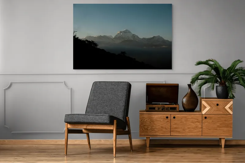 Tablou Canvas, "Lumina dimineții pe vârfuri alpine", Majestuos, Întunecat, Pitoresc, Imens, Tranquil, Rece, Impunător, Serafic, Solitar, 150 x 100 cm – poza 8