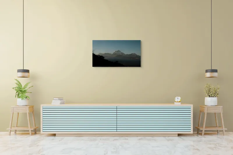 Tablou Canvas, "Lumina dimineții pe vârfuri alpine", Majestuos, Întunecat, Pitoresc, Imens, Tranquil, Rece, Impunător, Serafic, Solitar, 90 x 50 cm – poza 5