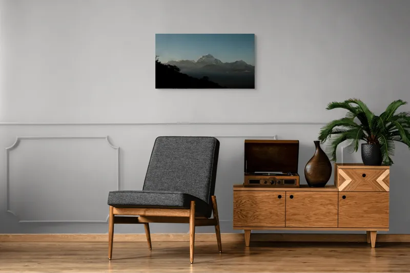 Tablou Canvas, "Lumina dimineții pe vârfuri alpine", Majestuos, Întunecat, Pitoresc, Imens, Tranquil, Rece, Impunător, Serafic, Solitar, 90 x 50 cm – poza 6
