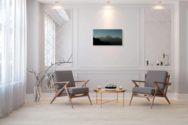 Tablou Canvas, "Lumina dimineții pe vârfuri alpine", Majestuos, Întunecat, Pitoresc, Imens, Tranquil, Rece, Impunător, Serafic, Solitar, 90 x 50 cm – poza 7