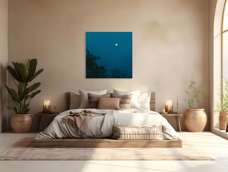 Tablou Canvas, "Luna plină strălucind în noapte", Lună, Cer, Albastru, Siluete, Crengi, Noapte, Liniște, Mister, Natură, Întuneric, 100 x 100 cm – poza 4
