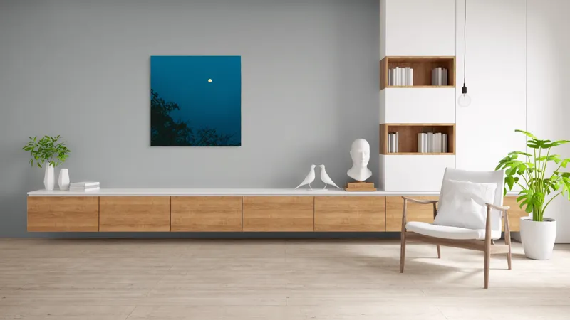Tablou Canvas, "Luna plină strălucind în noapte", Lună, Cer, Albastru, Siluete, Crengi, Noapte, Liniște, Mister, Natură, Întuneric, 100 x 100 cm – poza 8