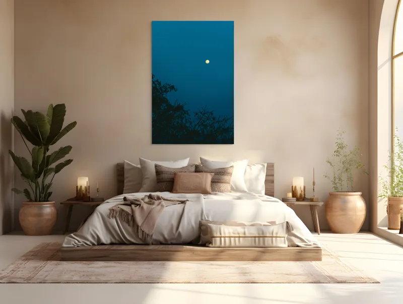 Tablou Canvas, "Luna plină strălucind în noapte", Lună, Cer, Albastru, Siluete, Crengi, Noapte, Liniște, Mister, Natură, Întuneric, 100 x 150 cm – poza 3