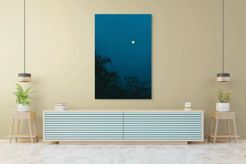 Tablou Canvas, "Luna plină strălucind în noapte", Lună, Cer, Albastru, Siluete, Crengi, Noapte, Liniște, Mister, Natură, Întuneric, 100 x 150 cm – poza 4