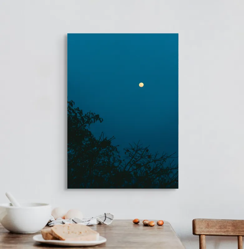 Tablou Canvas, "Luna plină strălucind în noapte", Lună, Cer, Albastru, Siluete, Crengi, Noapte, Liniște, Mister, Natură, Întuneric, 50 x 70 cm – poza 3