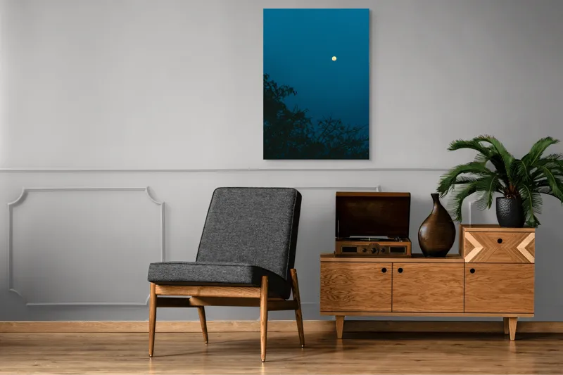Tablou Canvas, "Luna plină strălucind în noapte", Lună, Cer, Albastru, Siluete, Crengi, Noapte, Liniște, Mister, Natură, Întuneric, 70 x 100 cm – poza 6
