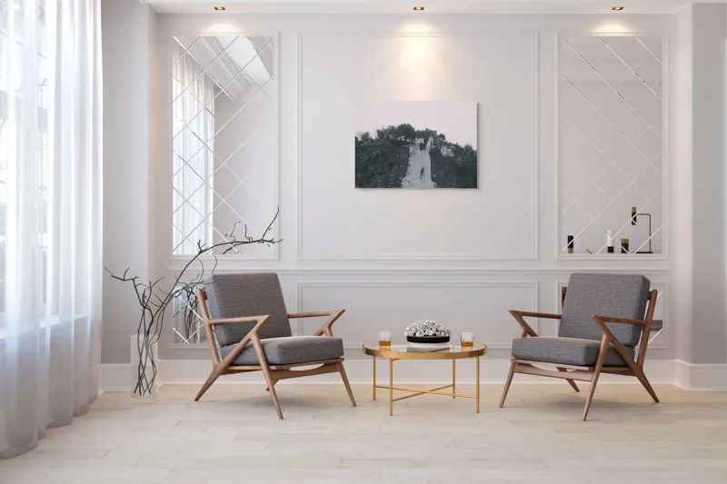 Tablou Canvas, "Cascadă înghețată sub cer înnorat", Zăpadă, Pini, Gheață, Cer, Munți, 100 x 70 cm – poza 5