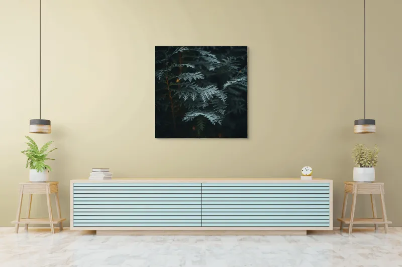 Tablou Canvas, "Verdele misterios al pădurii adânci", Frunze, Verzi, Întunecat, Textură, Misterios, Natural, Detalii, Linie, Sercanța, Calm., 100 x 100 cm – poza 5