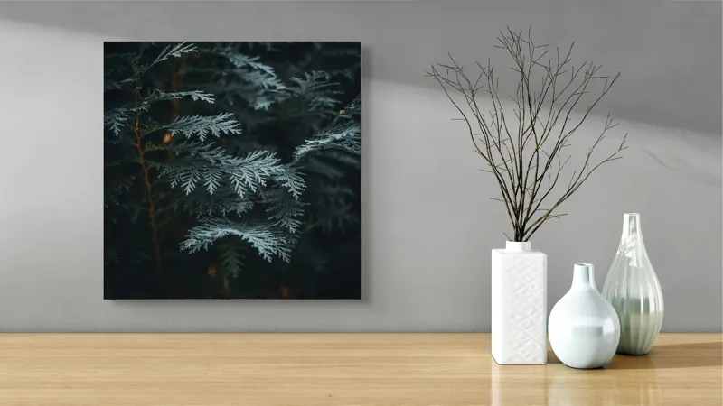 Tablou Canvas, "Verdele misterios al pădurii adânci", Frunze, Verzi, Întunecat, Textură, Misterios, Natural, Detalii, Linie, Sercanța, Calm., 50 x 50 cm – poza 3