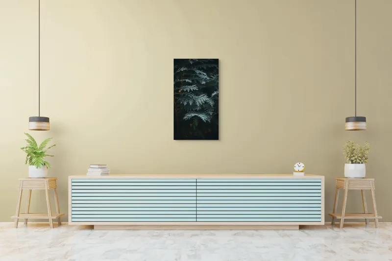 Tablou Canvas, "Verdele misterios al pădurii adânci", Frunze, Verzi, Întunecat, Textură, Misterios, Natural, Detalii, Linie, Sercanța, Calm., 50 x 90 cm – poza 6
