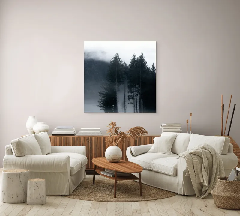 Tablou Canvas, "Misterul pădurii învăluite în ceață", Mister, Tăcere, Melancolie, Enigmatic, Pădure, Ceață, Întuneric, Natură, 100 x 100 cm – poza 3
