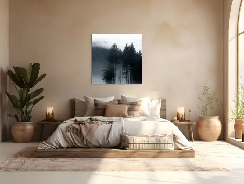 Tablou Canvas, "Misterul pădurii învăluite în ceață", Mister, Tăcere, Melancolie, Enigmatic, Pădure, Ceață, Întuneric, Natură, 100 x 100 cm – poza 4