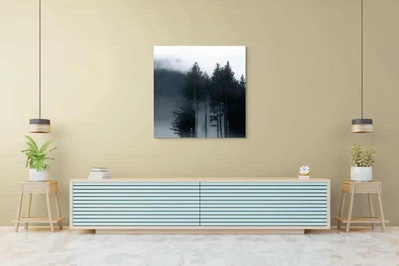 Tablou Canvas, "Misterul pădurii învăluite în ceață", Mister, Tăcere, Melancolie, Enigmatic, Pădure, Ceață, Întuneric, Natură, 100 x 100 cm – poza 5
