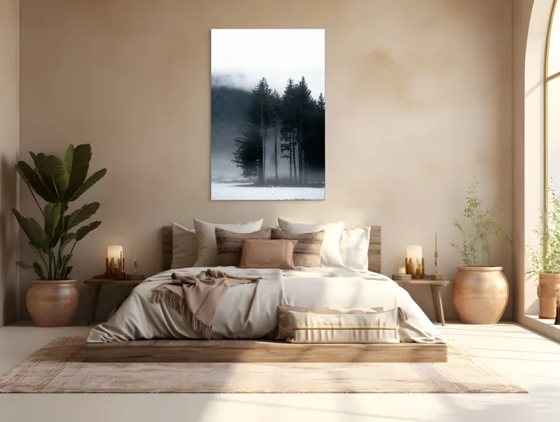 Tablou Canvas, "Misterul pădurii învăluite în ceață", Mister, Tăcere, Melancolie, Enigmatic, Pădure, Ceață, Întuneric, Natură, 100 x 150 cm – poza 3