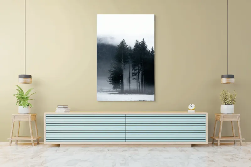 Tablou Canvas, "Misterul pădurii învăluite în ceață", Mister, Tăcere, Melancolie, Enigmatic, Pădure, Ceață, Întuneric, Natură, 100 x 150 cm – poza 4