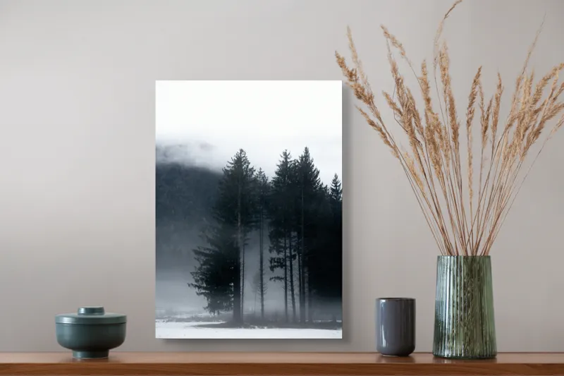 Tablou Canvas, "Misterul pădurii învăluite în ceață", Mister, Tăcere, Melancolie, Enigmatic, Pădure, Ceață, Întuneric, Natură, 39 x 54 cm – poza 3