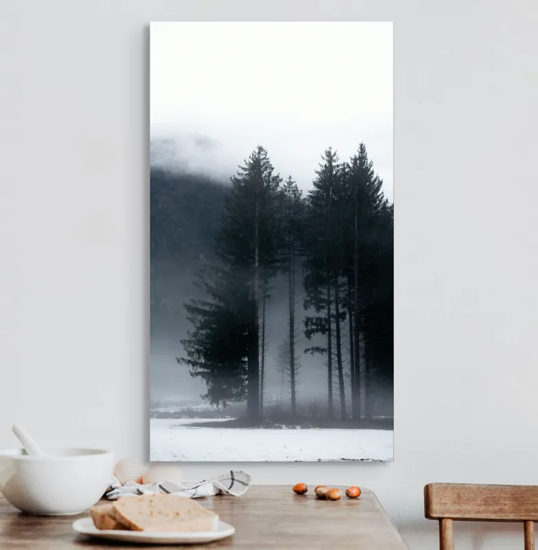 Tablou Canvas, "Misterul pădurii învăluite în ceață", Mister, Tăcere, Melancolie, Enigmatic, Pădure, Ceață, Întuneric, Natură, 50 x 90 cm – poza 3