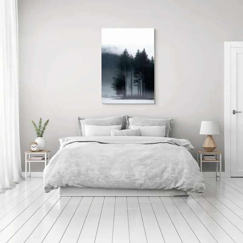 Tablou Canvas, "Misterul pădurii învăluite în ceață", Mister, Tăcere, Melancolie, Enigmatic, Pădure, Ceață, Întuneric, Natură, 70 x 100 cm – poza 3