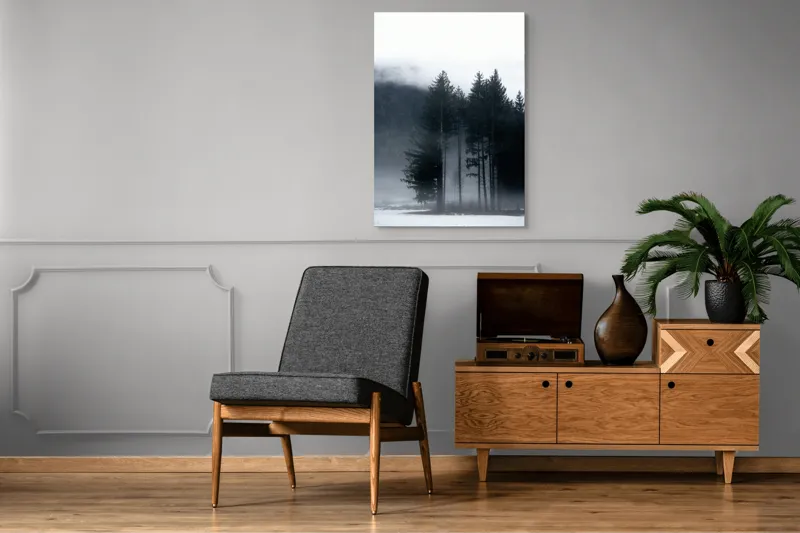 Tablou Canvas, "Misterul pădurii învăluite în ceață", Mister, Tăcere, Melancolie, Enigmatic, Pădure, Ceață, Întuneric, Natură, 70 x 100 cm – poza 6