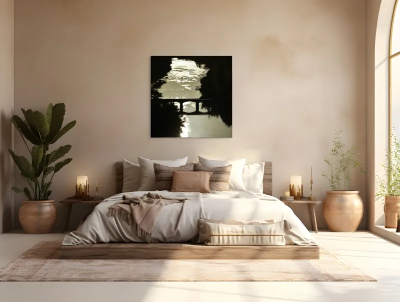 Tablou Canvas, "Podul peste râul liniștit al serii", Apus, Râu, Pod, Siluetă, Reflexii, Natură, Noapte, Lumină, Copaci, Peisaj., 100 x 100 cm – poza 4