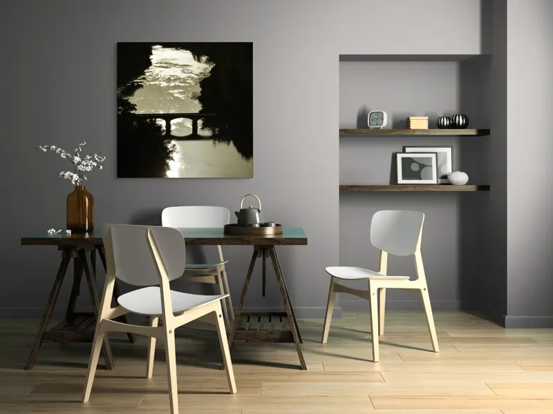 Tablou Canvas, "Podul peste râul liniștit al serii", Apus, Râu, Pod, Siluetă, Reflexii, Natură, Noapte, Lumină, Copaci, Peisaj., 100 x 100 cm – poza 6