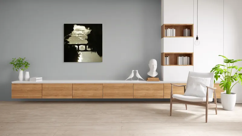 Tablou Canvas, "Podul peste râul liniștit al serii", Apus, Râu, Pod, Siluetă, Reflexii, Natură, Noapte, Lumină, Copaci, Peisaj., 100 x 100 cm – poza 8