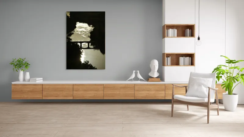 Tablou Canvas, "Podul peste râul liniștit al serii", Apus, Râu, Pod, Siluetă, Reflexii, Natură, Noapte, Lumină, Copaci, Peisaj., 100 x 150 cm – poza 8