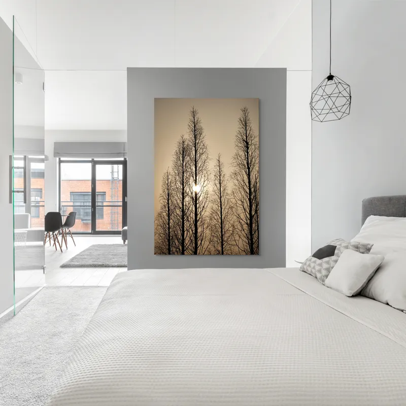 Tablou Canvas, "Razele soarelui printre ramuri înalte", Cer, Apus, Copaci, Siluete, Ramuri, Lumina, Soare, Calm, Umbre, Natura, 100 x 150 cm – poza 5