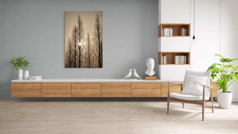 Tablou Canvas, "Razele soarelui printre ramuri înalte", Cer, Apus, Copaci, Siluete, Ramuri, Lumina, Soare, Calm, Umbre, Natura, 100 x 150 cm – poza 8