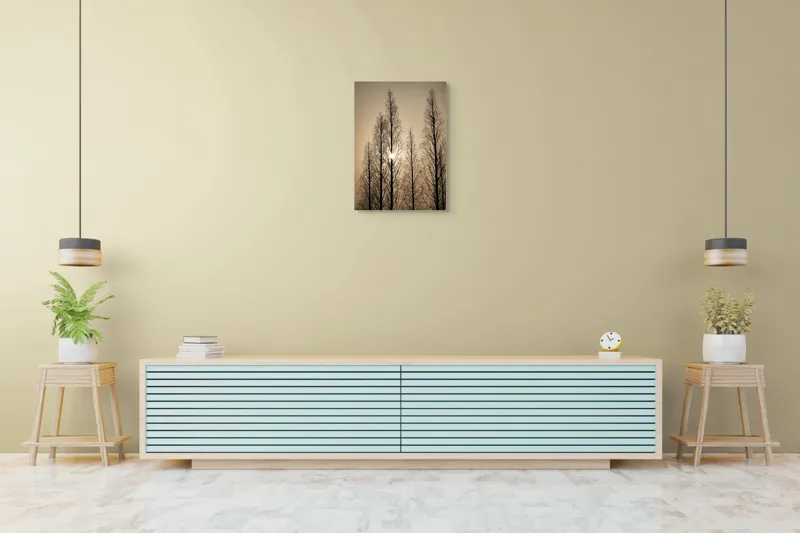 Tablou Canvas, "Razele soarelui printre ramuri înalte", Cer, Apus, Copaci, Siluete, Ramuri, Lumina, Soare, Calm, Umbre, Natura, 50 x 70 cm – poza 6
