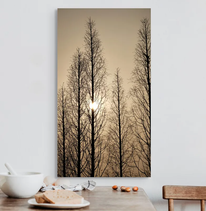 Tablou Canvas, "Razele soarelui printre ramuri înalte", Cer, Apus, Copaci, Siluete, Ramuri, Lumina, Soare, Calm, Umbre, Natura, 50 x 90 cm – poza 3