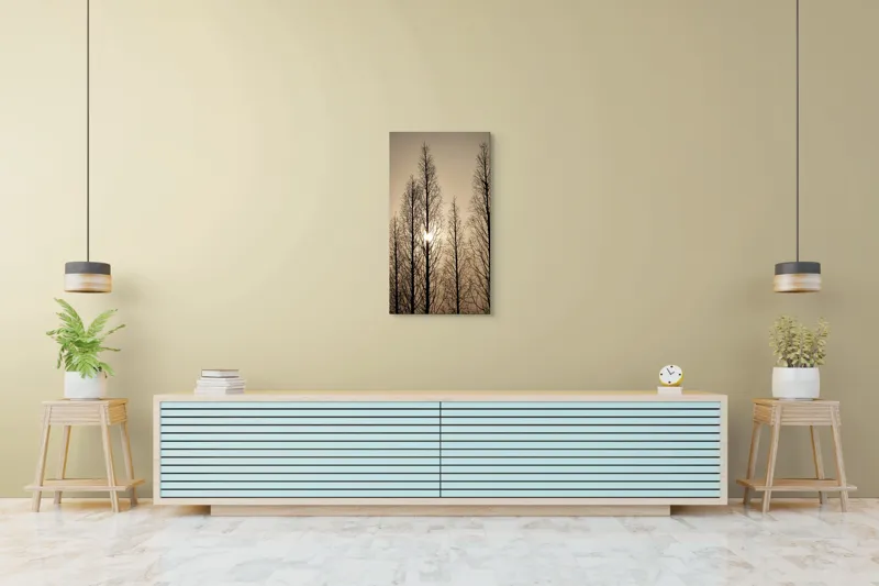 Tablou Canvas, "Razele soarelui printre ramuri înalte", Cer, Apus, Copaci, Siluete, Ramuri, Lumina, Soare, Calm, Umbre, Natura, 50 x 90 cm – poza 6