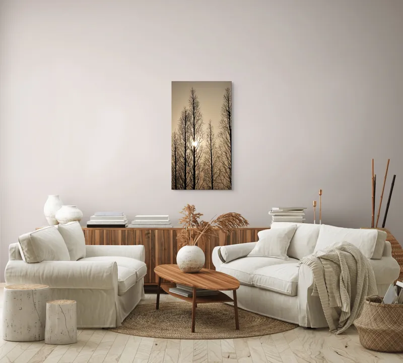 Tablou Canvas, "Razele soarelui printre ramuri înalte", Cer, Apus, Copaci, Siluete, Ramuri, Lumina, Soare, Calm, Umbre, Natura, 50 x 90 cm – poza 7