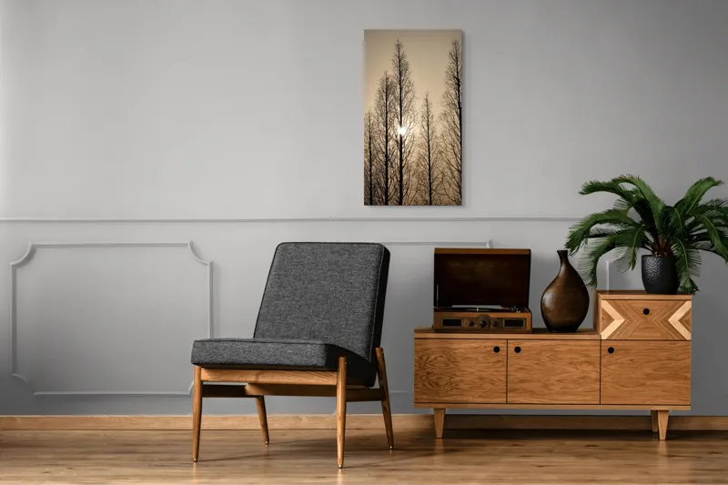 Tablou Canvas, "Razele soarelui printre ramuri înalte", Cer, Apus, Copaci, Siluete, Ramuri, Lumina, Soare, Calm, Umbre, Natura, 50 x 90 cm – poza 8