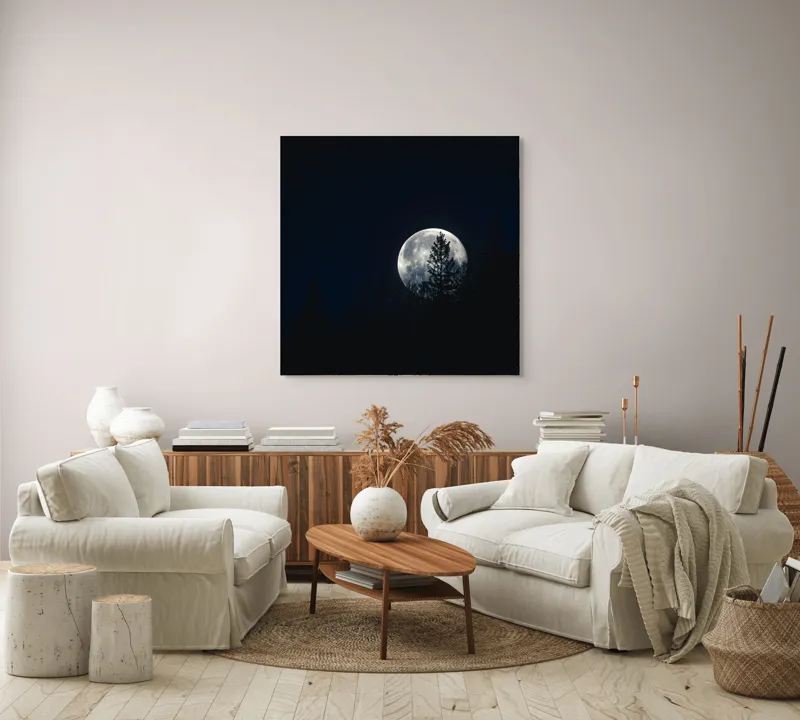 Tablou Canvas, "Luna printre copaci în noapte", Lună, Noapte, Copaci, Siluetă, Cer, Mister, Lumină, Natură, 100 x 100 cm – poza 3