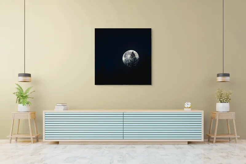 Tablou Canvas, "Luna printre copaci în noapte", Lună, Noapte, Copaci, Siluetă, Cer, Mister, Lumină, Natură, 100 x 100 cm – poza 5
