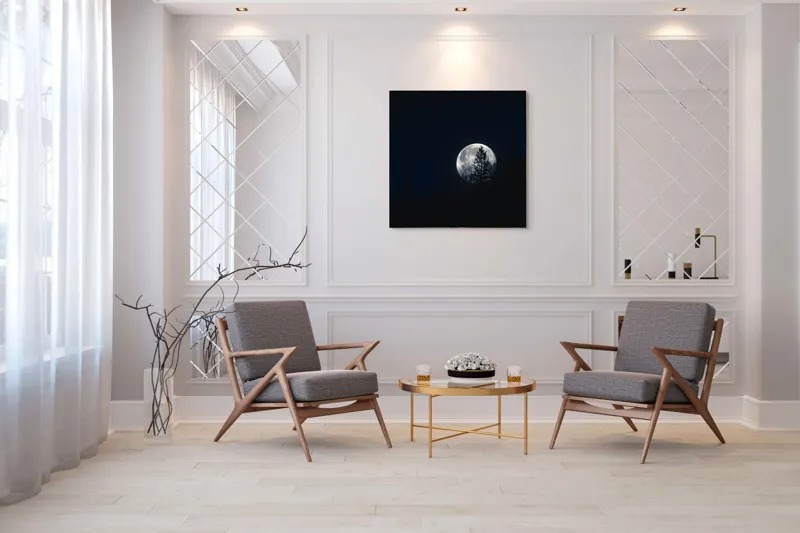Tablou Canvas, "Luna printre copaci în noapte", Lună, Noapte, Copaci, Siluetă, Cer, Mister, Lumină, Natură, 100 x 100 cm – poza 7
