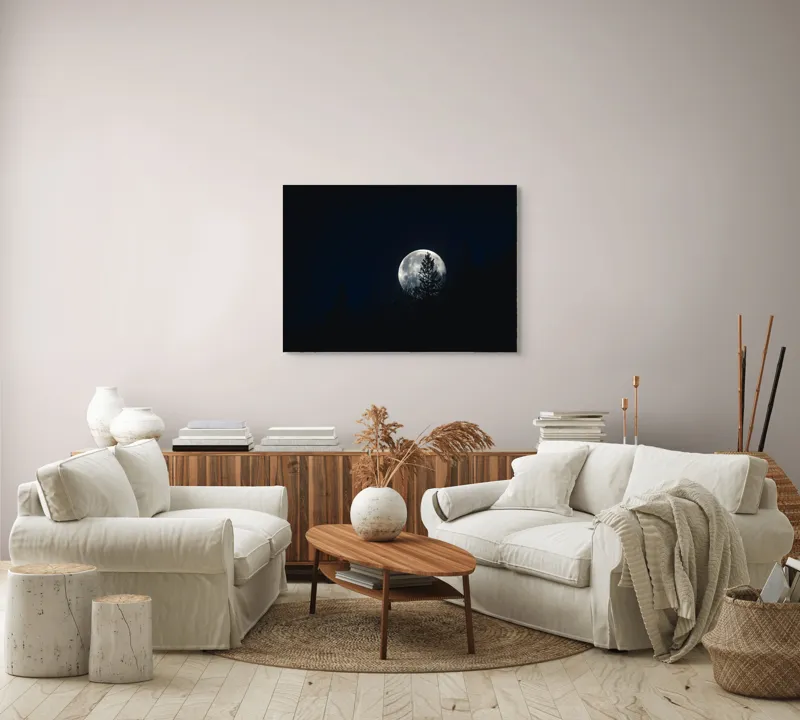 Tablou Canvas, "Luna printre copaci în noapte", Lună, Noapte, Copaci, Siluetă, Cer, Mister, Lumină, Natură, 100 x 70 cm – poza 3