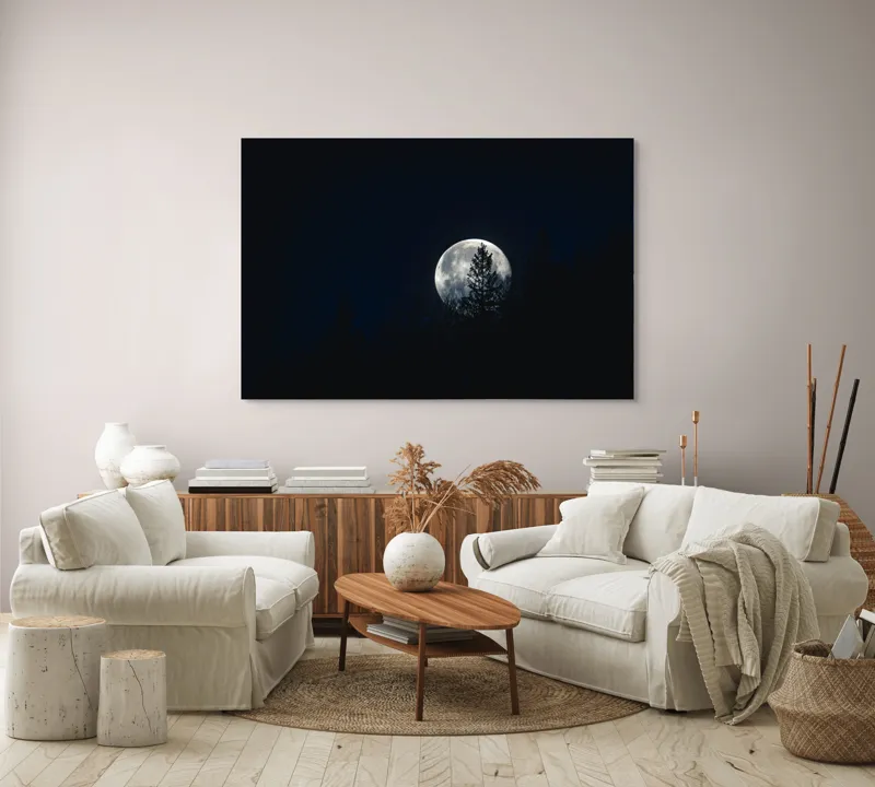 Tablou Canvas, "Luna printre copaci în noapte", Lună, Noapte, Copaci, Siluetă, Cer, Mister, Lumină, Natură, 150 x 100 cm – poza 3