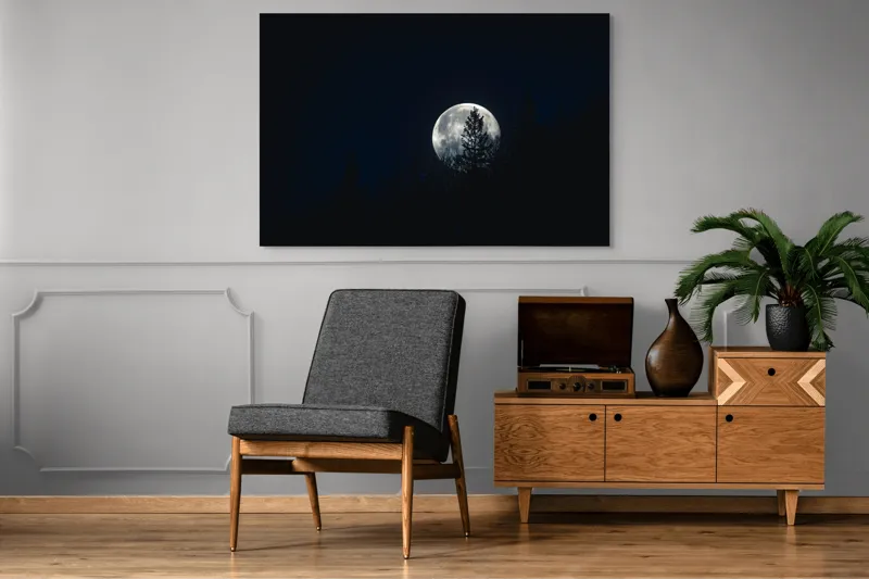 Tablou Canvas, "Luna printre copaci în noapte", Lună, Noapte, Copaci, Siluetă, Cer, Mister, Lumină, Natură, 150 x 100 cm – poza 8