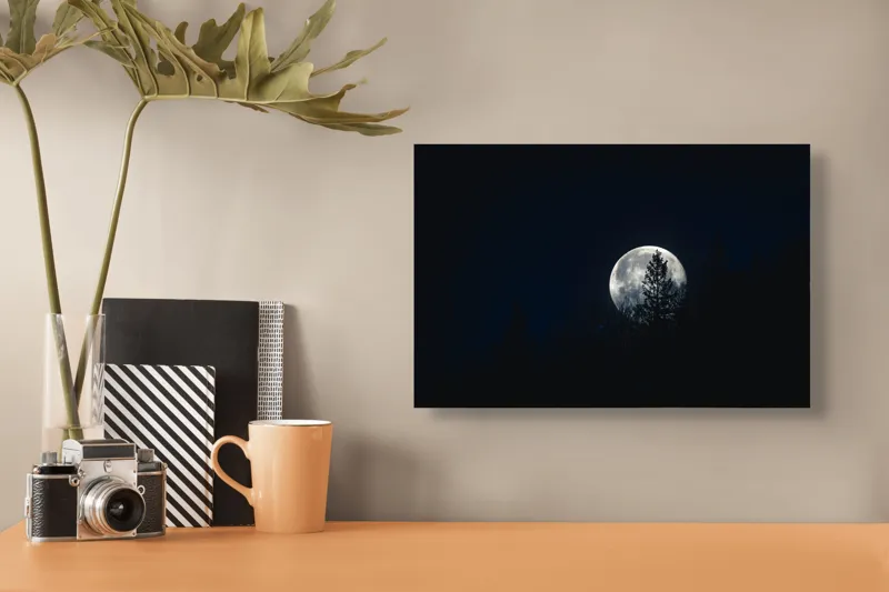 Tablou Canvas, "Luna printre copaci în noapte", Lună, Noapte, Copaci, Siluetă, Cer, Mister, Lumină, Natură, 39 x 26 cm – poza 3