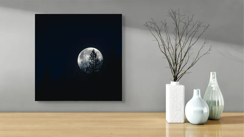 Tablou Canvas, "Luna printre copaci în noapte", Lună, Noapte, Copaci, Siluetă, Cer, Mister, Lumină, Natură, 50 x 50 cm – poza 3
