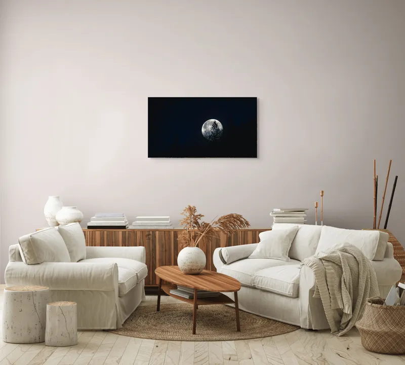 Tablou Canvas, "Luna printre copaci în noapte", Lună, Noapte, Copaci, Siluetă, Cer, Mister, Lumină, Natură, 90 x 50 cm – poza 4