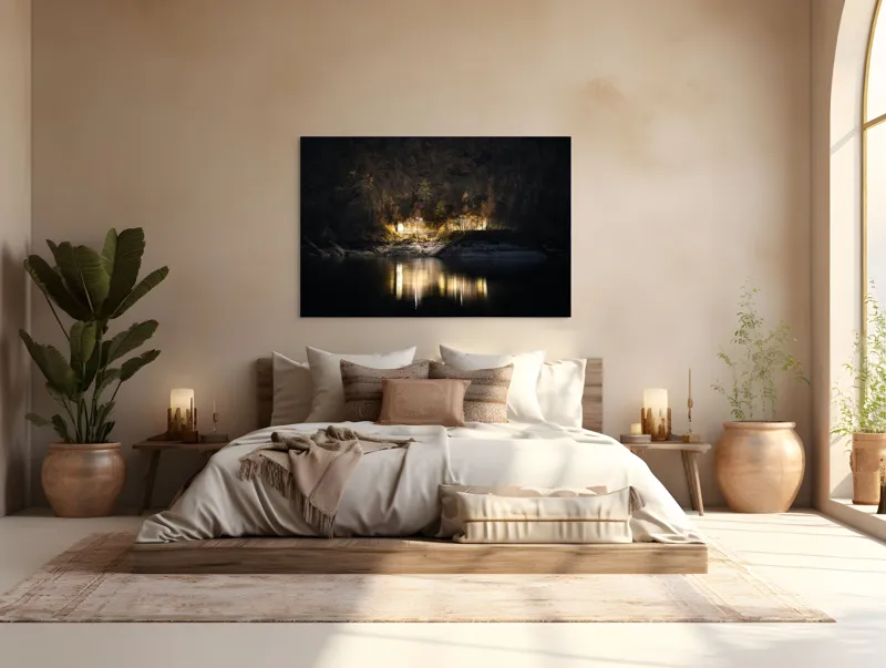 Tablou Canvas, "Lumini nocturne pe malul lacului", Scenă, Noapte, Reflecție, Lumină, Natură, Pădure, Râu, Mister, Calm, Umbre, 150 x 100 cm – poza 4