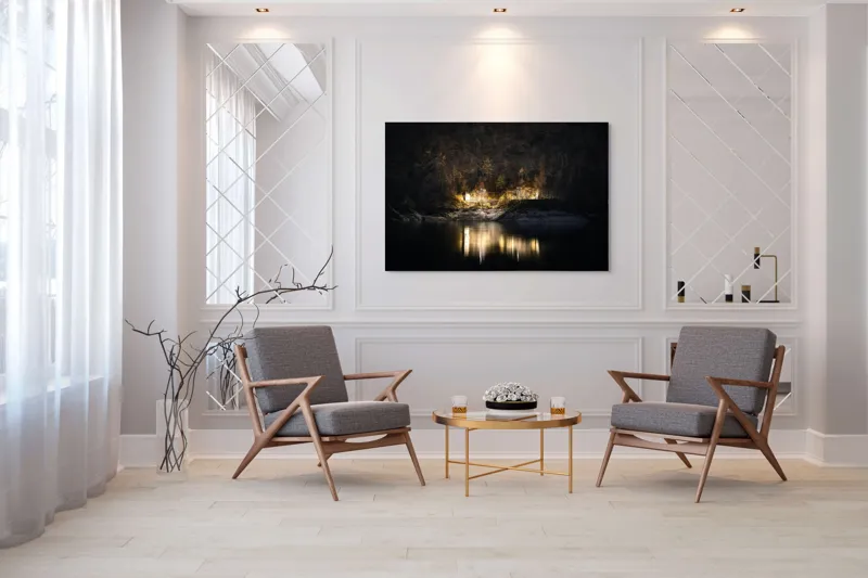 Tablou Canvas, "Lumini nocturne pe malul lacului", Scenă, Noapte, Reflecție, Lumină, Natură, Pădure, Râu, Mister, Calm, Umbre, 150 x 100 cm – poza 7