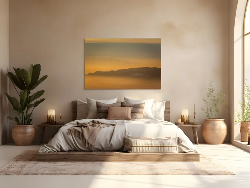 Tablou Canvas, "Dimineață aurie peste munți îndepărtați", Aurora, Serenitate, Munți, Ceață, Răsărit, Peisaj, Natură, 150 x 100 cm – poza 4