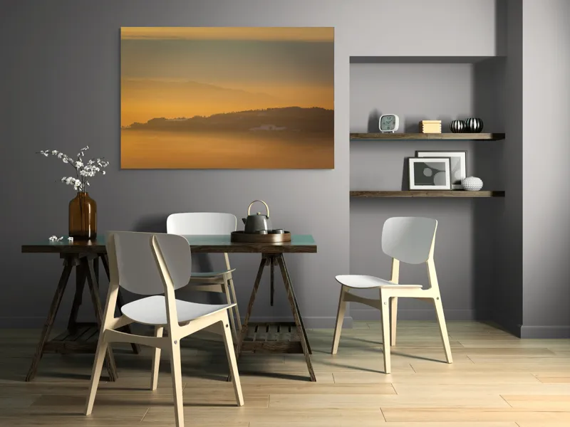 Tablou Canvas, "Dimineață aurie peste munți îndepărtați", Aurora, Serenitate, Munți, Ceață, Răsărit, Peisaj, Natură, 150 x 100 cm – poza 5