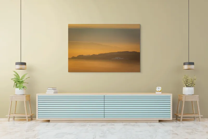 Tablou Canvas, "Dimineață aurie peste munți îndepărtați", Aurora, Serenitate, Munți, Ceață, Răsărit, Peisaj, Natură, 150 x 100 cm – poza 6
